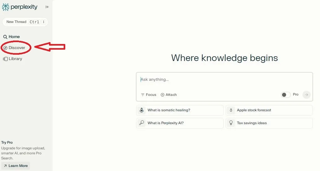 Discover tab in perplexity