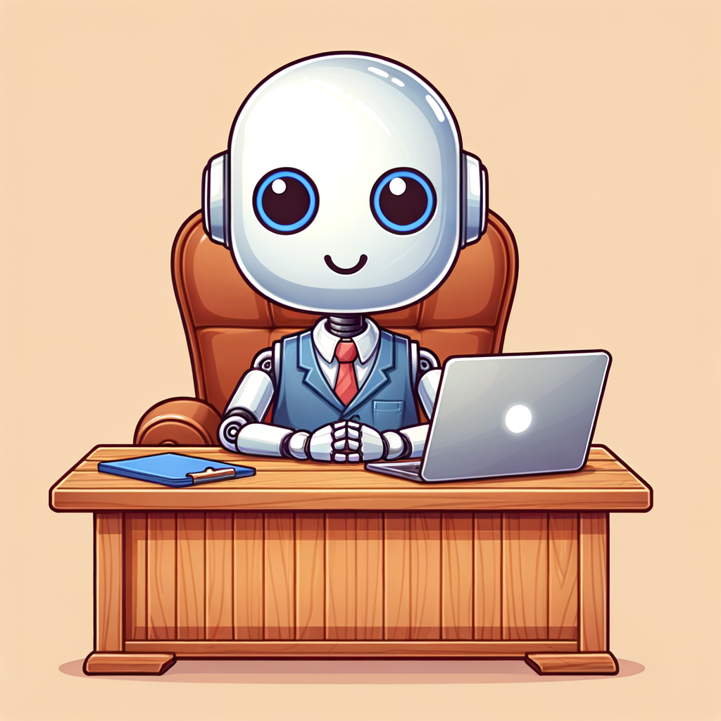 a cute cartoon AI robot as a shrink sitting behind a desk a laptop on the desk solid background -